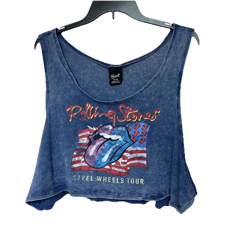 Rolling Stones Steel Wheels Tour Cropped Tank Tee Shirt XL Blue Concert Festival